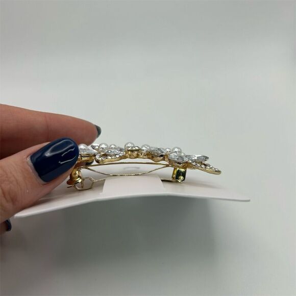 Faux Pearl Golden Hair Barrette Statement Silver Tone Leaves Natural Rhinestone - Picture 5 of 8